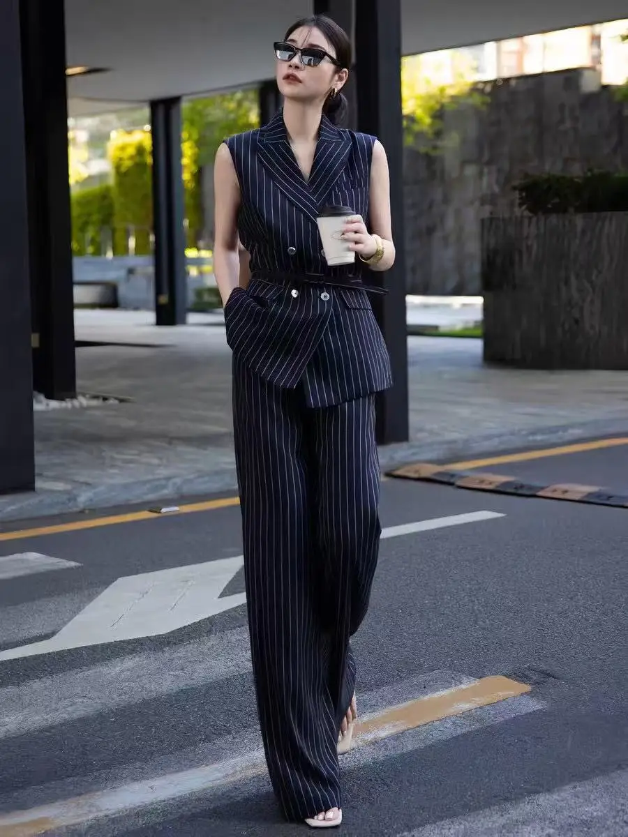 

Elegant summer design sense lyocell linen striped vest and wide leg pants set with belt