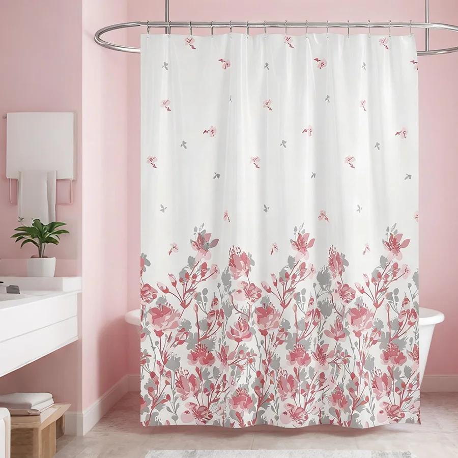 1 шт. розово-серая занавеска для душа с цветочным узором, легкая и легко повесить, принесите природе в ванную комнату
