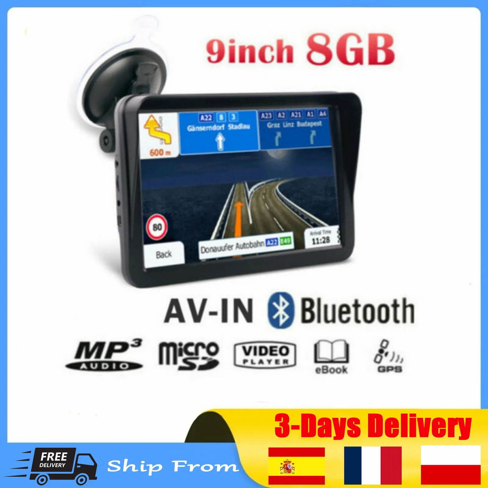 Car GPS Navigation 9 Inch Touch Screen Sunshade Sat Nav 256M+8G FM Voice Prompts Europe New Map Free Update Truck GPS Navigators