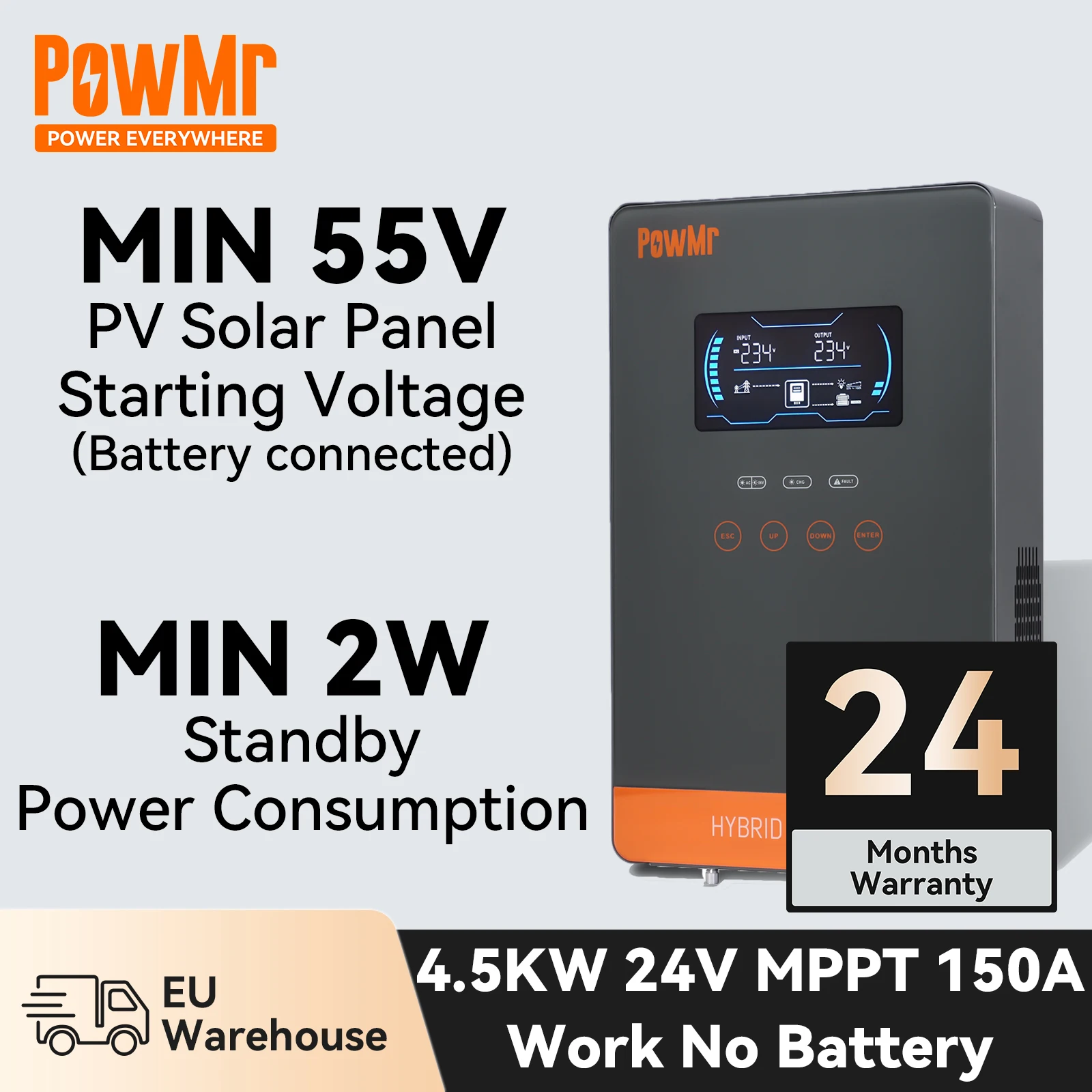 PowMr 4.5kw Hybrid Solar Inverter 24V MPPT 150A Solar Inverter Pure Sine Wave AC Converter Max PV Power 6KW