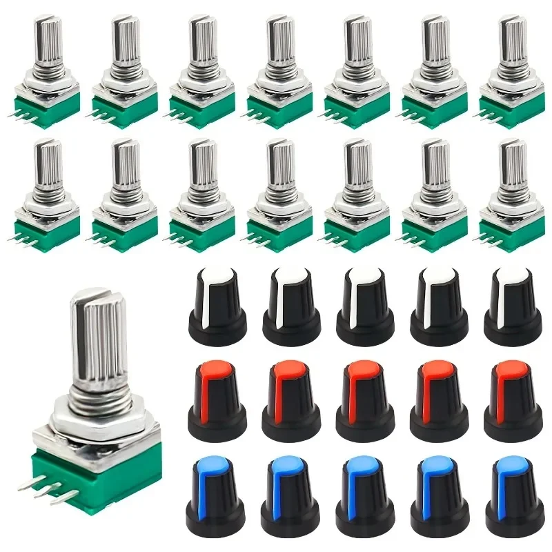 15 sztuk 3Pin RK097N-3-10K pojedynczy liniowy wzmacniacz obrotowy B10k potencjometry z 3 kolorami pokrętła typ 10k Ohm wał radełkowany — zdjęcie produktu 7