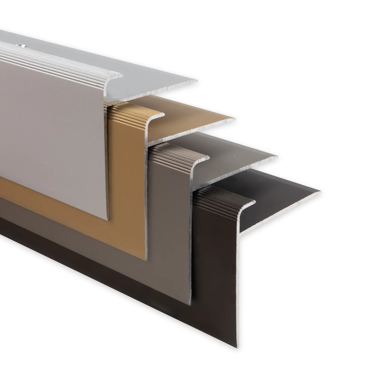 Treppenkantenprofil Safety F-Form Aluminium Treppenkante Treppenabschluss für Laminat Parkett Vinyl Fliesen Teppich 7–8 mm 90cm 100cm 134cm