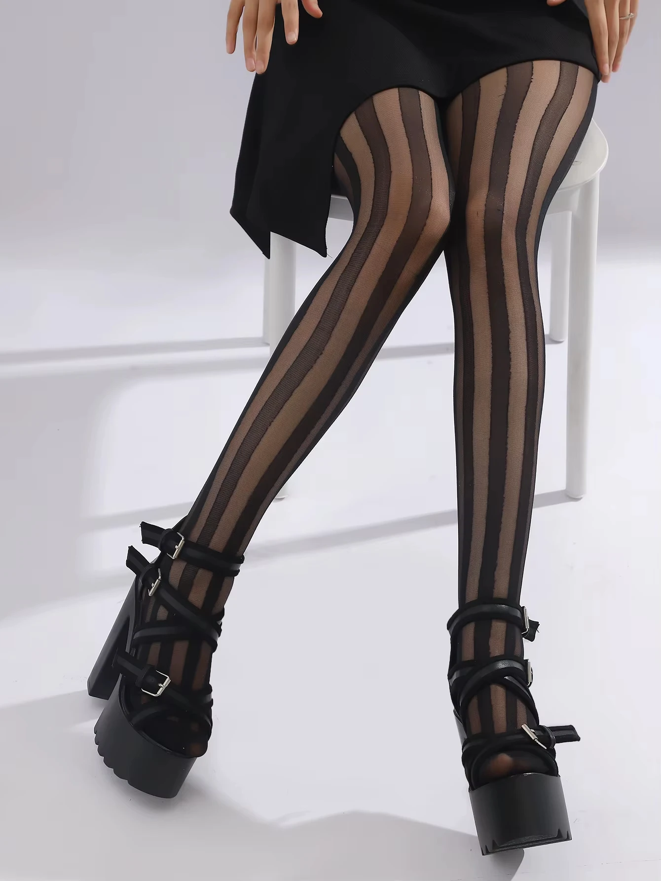 Thick striped silk stockings, in a vintage style, with a fitted design, wide vertical stripes, and a  patchwork style pantyh