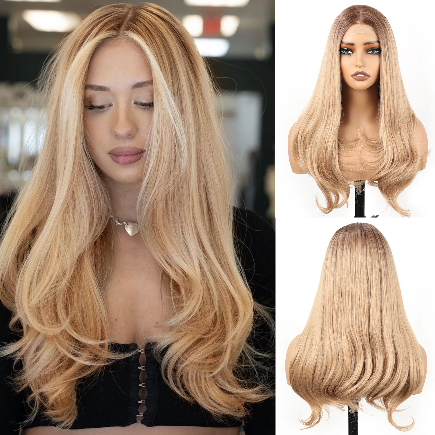 

Синтетический парик с градиентным золотистым оттенком и коричневыми корнями, 13x4 HD-парик с кружевной основой и многослойной волнистой текстурой, подходит для повседневного ношения женщинами - 20 дюймов.