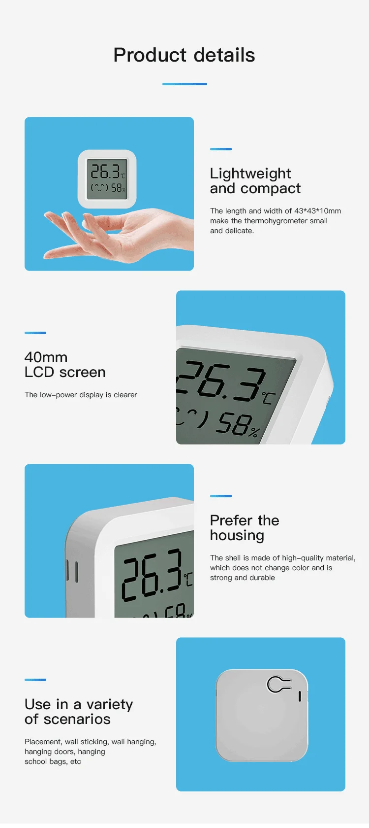 Tuya Temperatur- und Feuchtigkeitssensor, Mini-LCD-Digitalanzeige, kompatibel mit APP-Fernbedienung, BT-Thermometer und Hygrometer – Detail 3