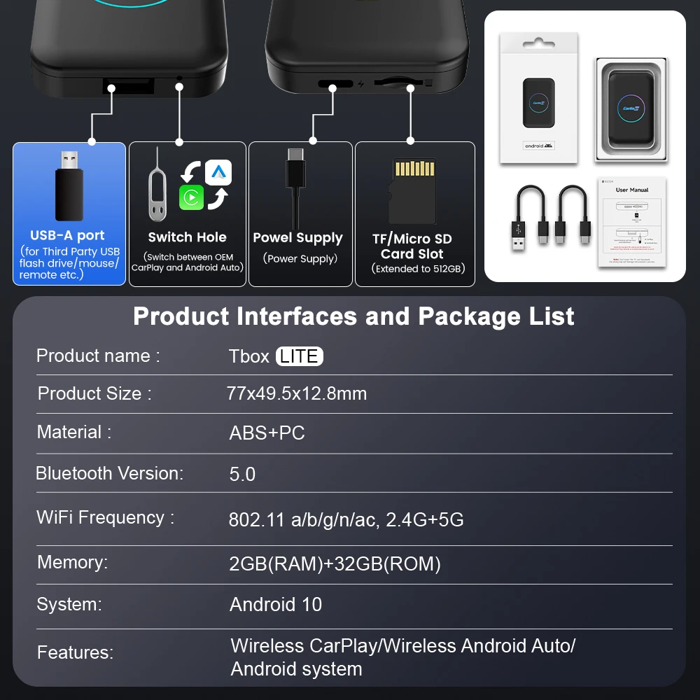 CarlinKit CarPlay Ai Box Lite Wireless CarPlay Android TV Box для OEM автомобиля Android Auto Беспроводная мультимедийная коробка потоковой передачи видео