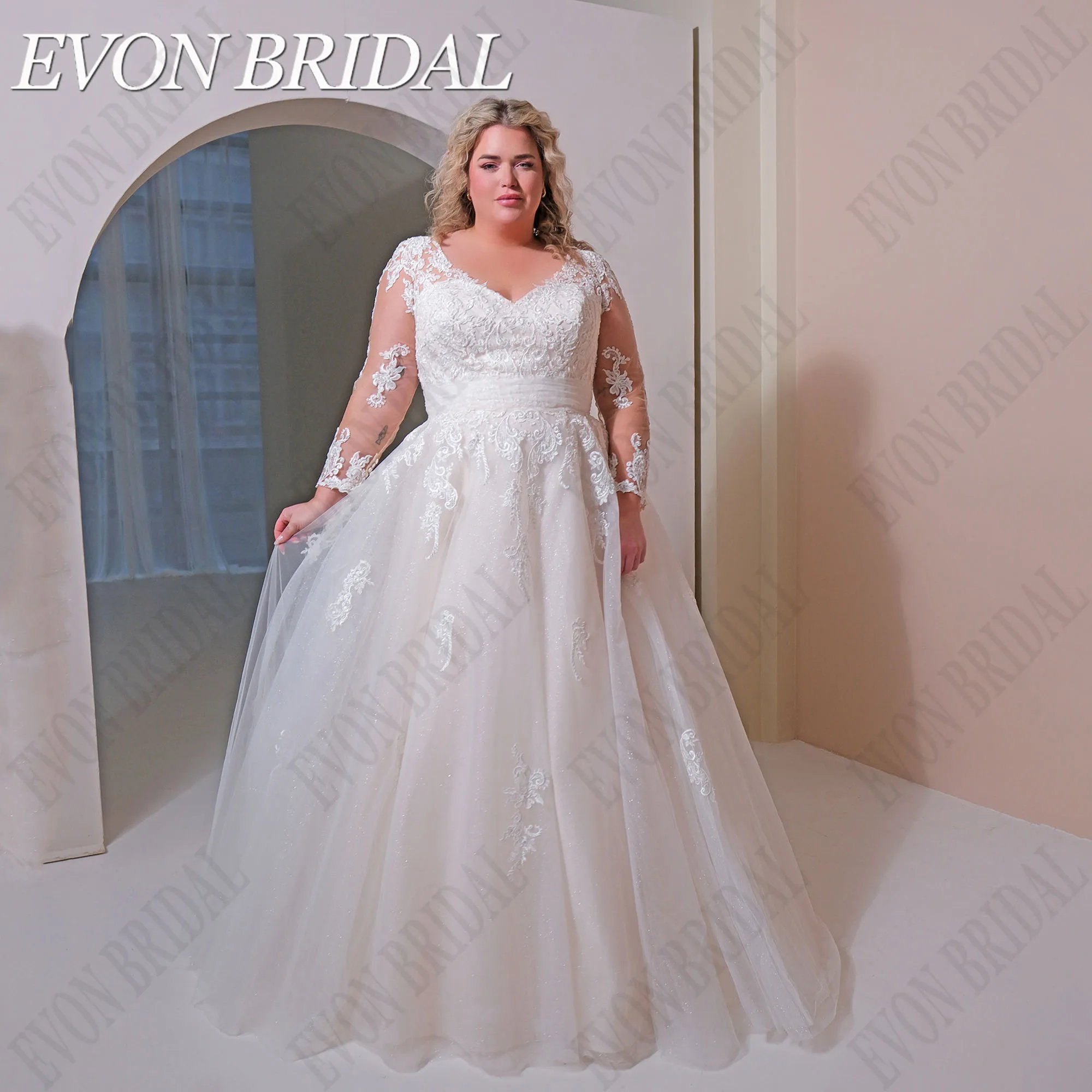 

EVON BRIDAL Plus Size Sparkling Wedding Dress Applique A-Line Long Sleeves Vestidos De Novia For Bride Glitter Tulle V-Neck