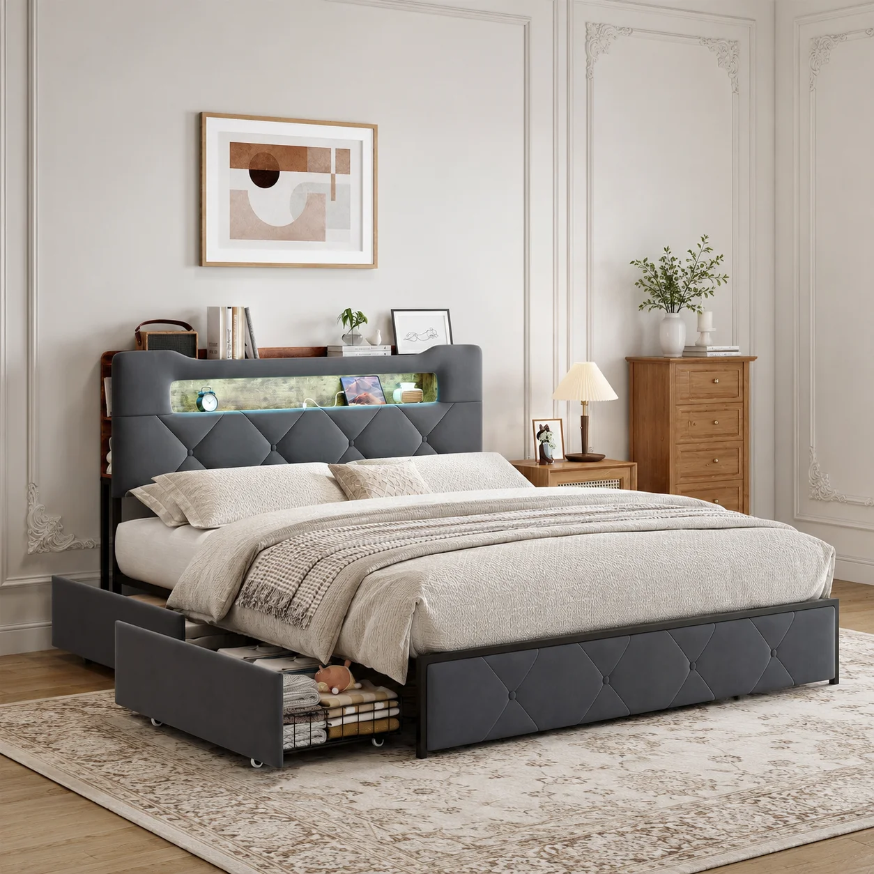 Lit Rembourré 140x200 cm, Lit Double avec 4 Tiroirs, Lit avec Rangement et Sommier à Lattes, Cadre de Lit en Velours, Lit Adulte Ado pour Chambre Parentale Chambre Jeune, Meuble Gain de Place Moderne, Stable, Confort M