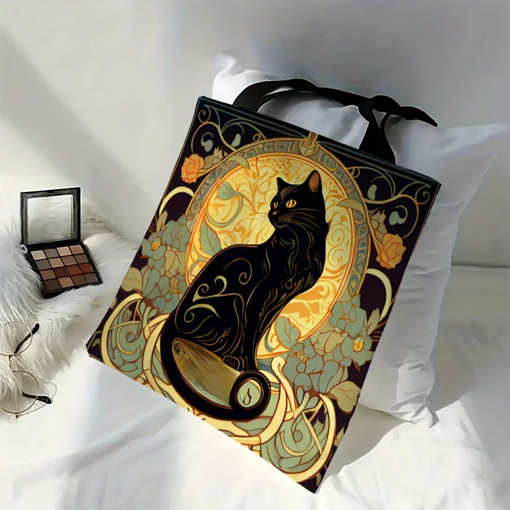 Retro Art Noble Black Cat Tote Bag, modna torba na ramię, codzienna lekka torba na zakupy z tkaniny lnianej 40X40CM Torebka — zdjęcie 2