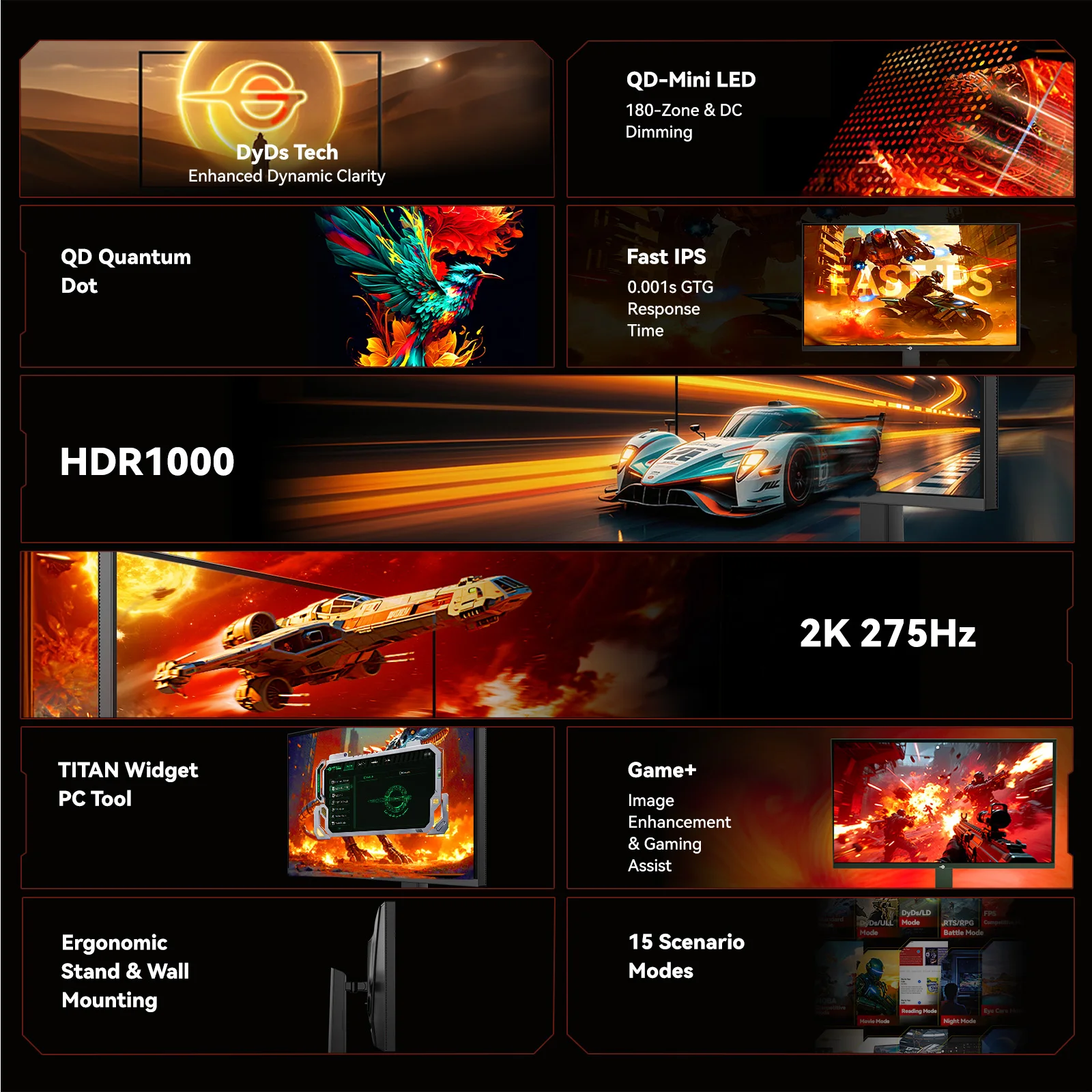 Monitor Gaming TITAN ARMY P276MS 240Hz Overclocked 275Hz Plano 16:9 Fast IPS QHD 180 Zonas DyDs QD-Mini LED con Base Elevadora 4