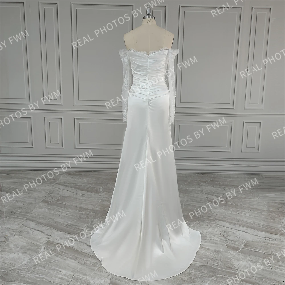 2315 #   Personalizado estilo coreano simples mangas compridas ilusão plissado renda vestido de casamento elegante vestido de noiva para mulher personalizado