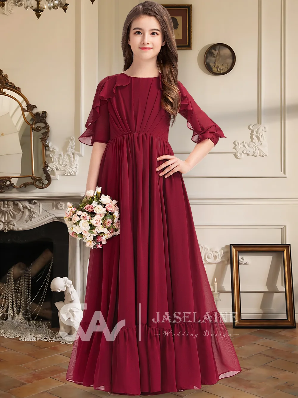 

B Kids Junior Bridesmaid Dress Floor-Length Chiffon A-Line Scoop 1/2 Sleeve Flower Girl Dress Girls Party Dress Wedding Formal