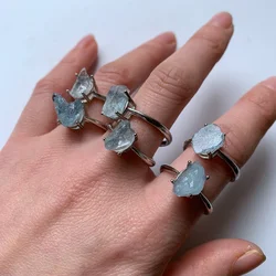 Natural Raw Stone Aquamarine Ring Genuine for Women Men Open Adjustable Ring Silver Plated Blue Crystal Rough Jewelry 1pc