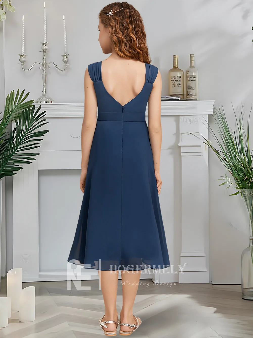 Платье трапециевидной формы для юных подружек невесты, темно-синее платье с цветочным узором для девочек, с v-образным вырезом, длиной до чая, шифоновое садовое праздничное свадебное платье