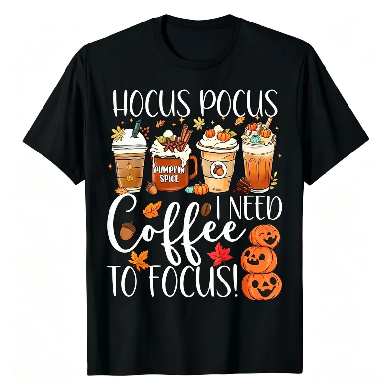 Hocus Pocus I Need Coffee To Focus T‑Shirt, Pumpkin Spice Fall Coffee Lover Graphic Tee, Halloween Autumn Season Gift Shirt