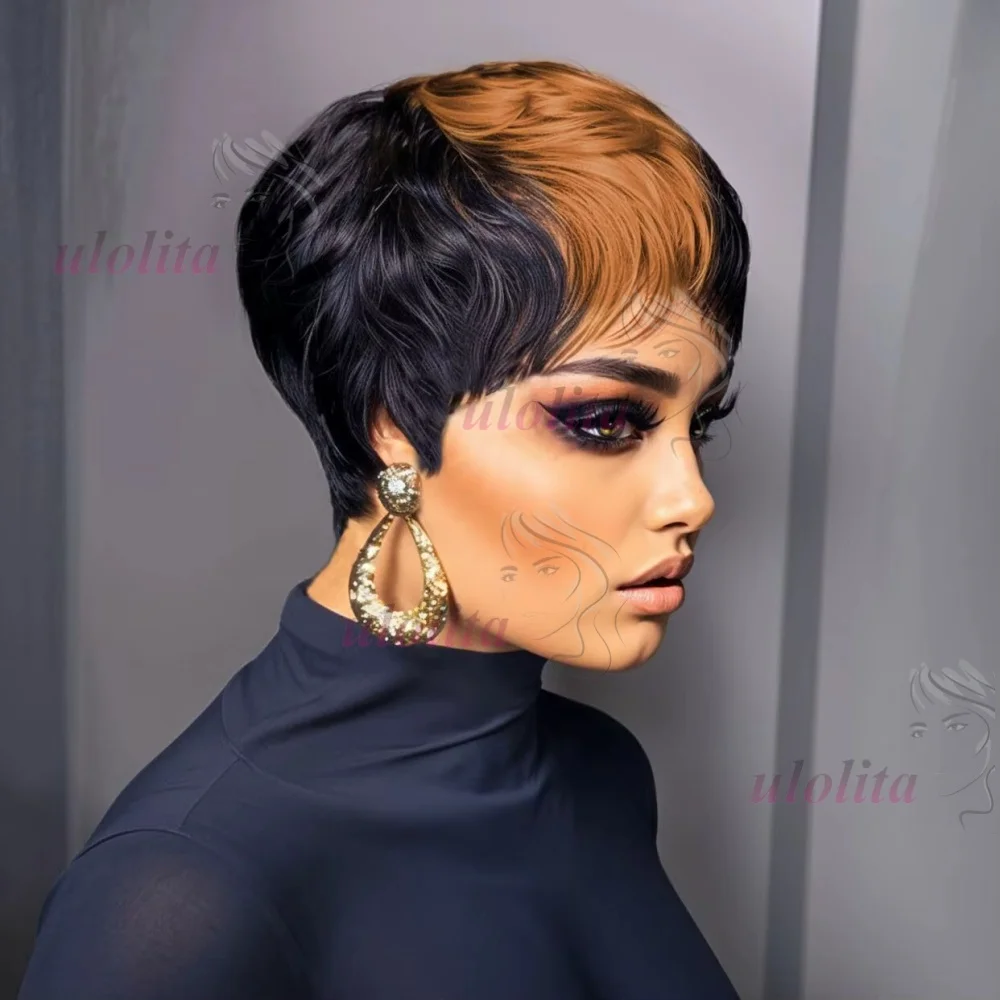 Schwarzbraune Highlight-Kurzhaarperücke mit geradem Schnitt für Frauen, Kleberlose Perücke mit Pony aus brasilianischem Remy-Echthaar – Detail 2