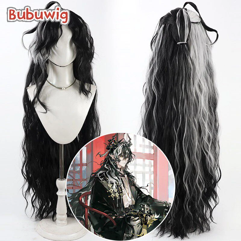 

Bubuwig Synthetic Hair Wang Cosplay Wigs Game Arknights Wang Halloween 100cm Long Wavy Black Mixed White Cos Wig Heat Resistant