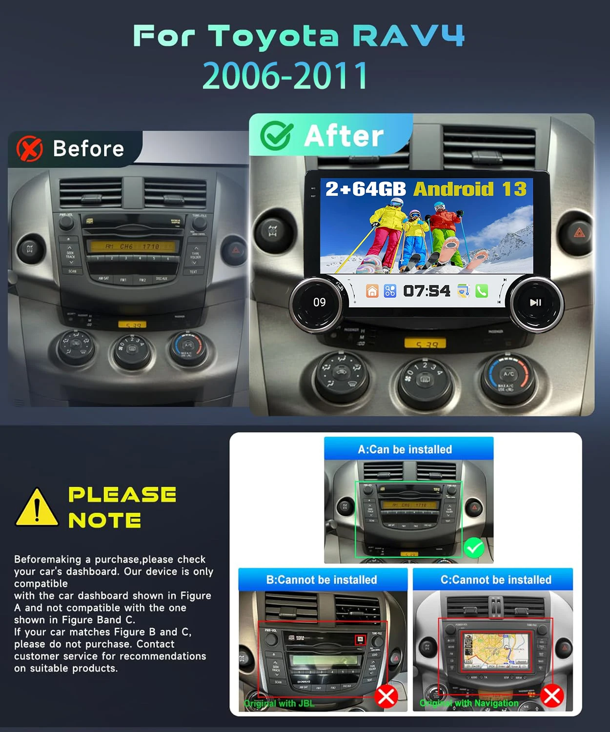 10.1‘’ Android Radio for 【Toyota Rav4 2007 2008 2009 2010 2011】Dual Knobs Car Stereo IPS Touchscreen with Carplay Android Auto