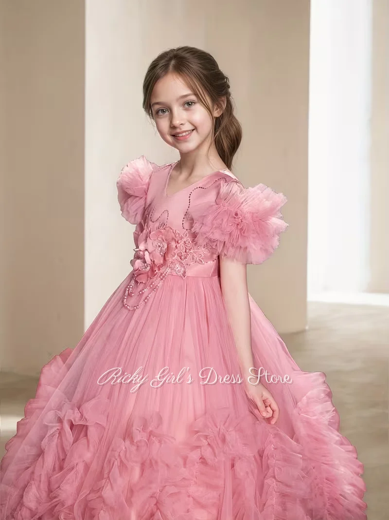 Pink Girls Birthday Flower Girl Dress With Sleeves Puffy Princess Gown Kids Host Performance Formal Party Celebration Gown