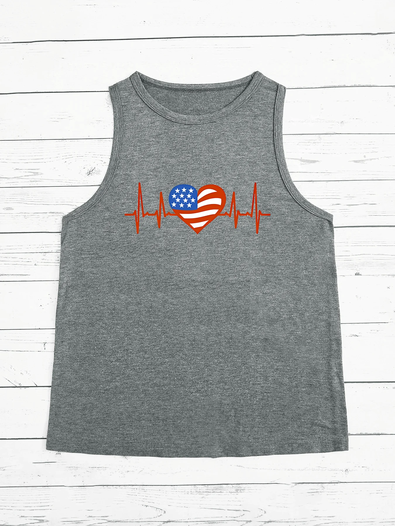 America Flag Heartbeat Love Print Fashion Funny Sports Women's Tank Top Loose O Neck Sleeveless Casual Tank