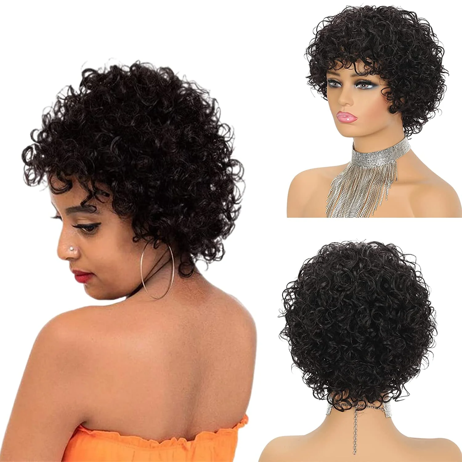 Perruque Brésilienne Naturelle Sans Colle, Cheveux Crépus Bouclés, Coupe Pixie, Faite à la Machine, Bon Marché, pour Femme Noire