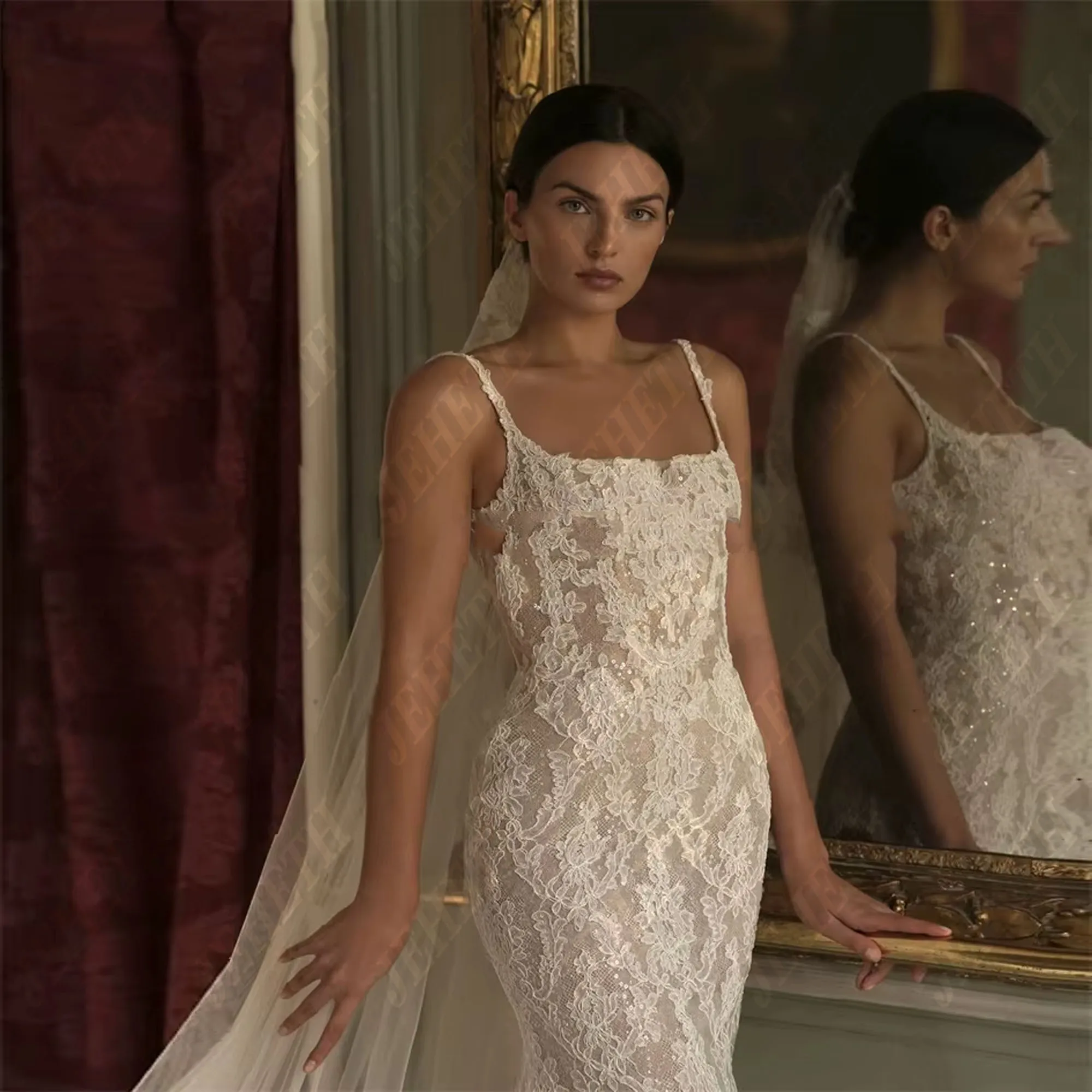 JEHETH sirène dentelle Applique robe de mariée Spaghetti sangle col carré robe de mariée princesse dos nu robe de mariée personnalisé 2025