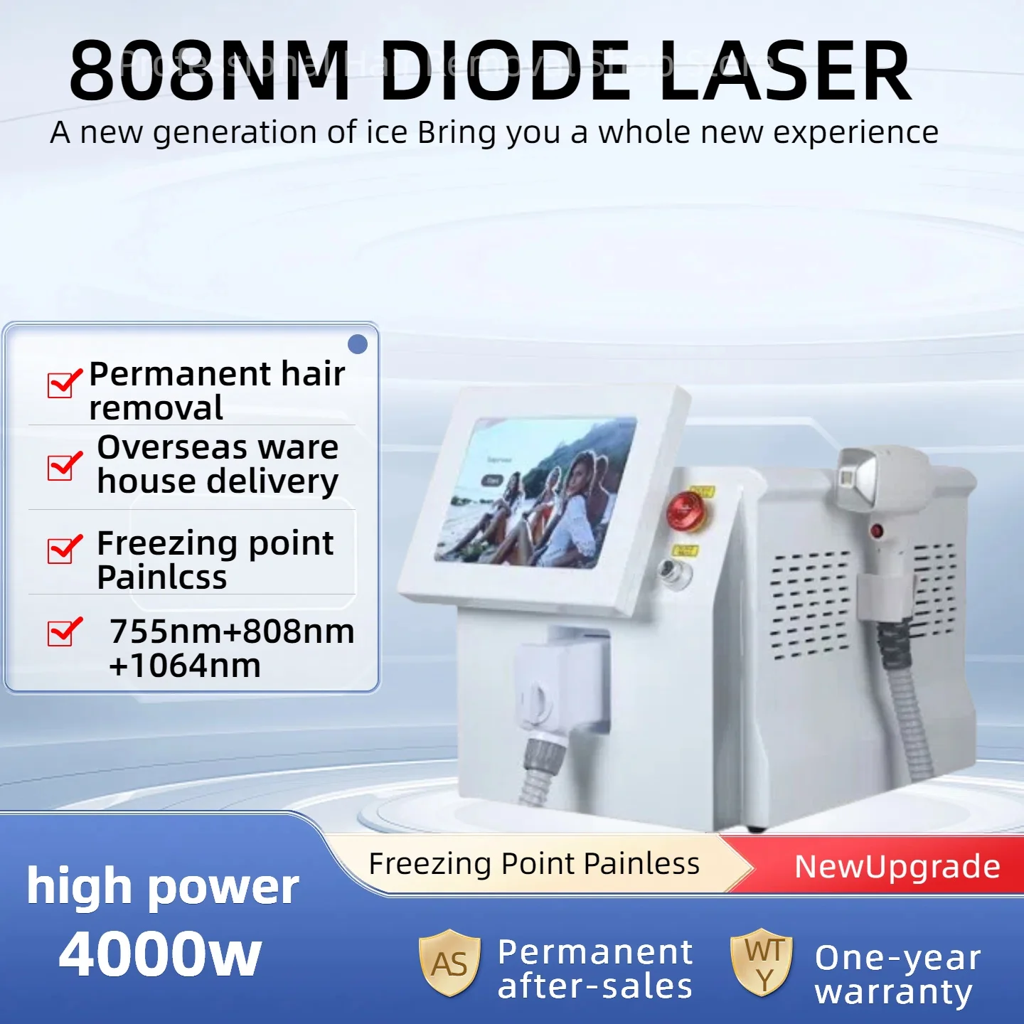 

Double 11 Deal! 4000W Ice Platinum Diode Laser Epilator 755nm 808nm 1064nm 3 Wavelengths Painless Hair Removal Machine Salon.