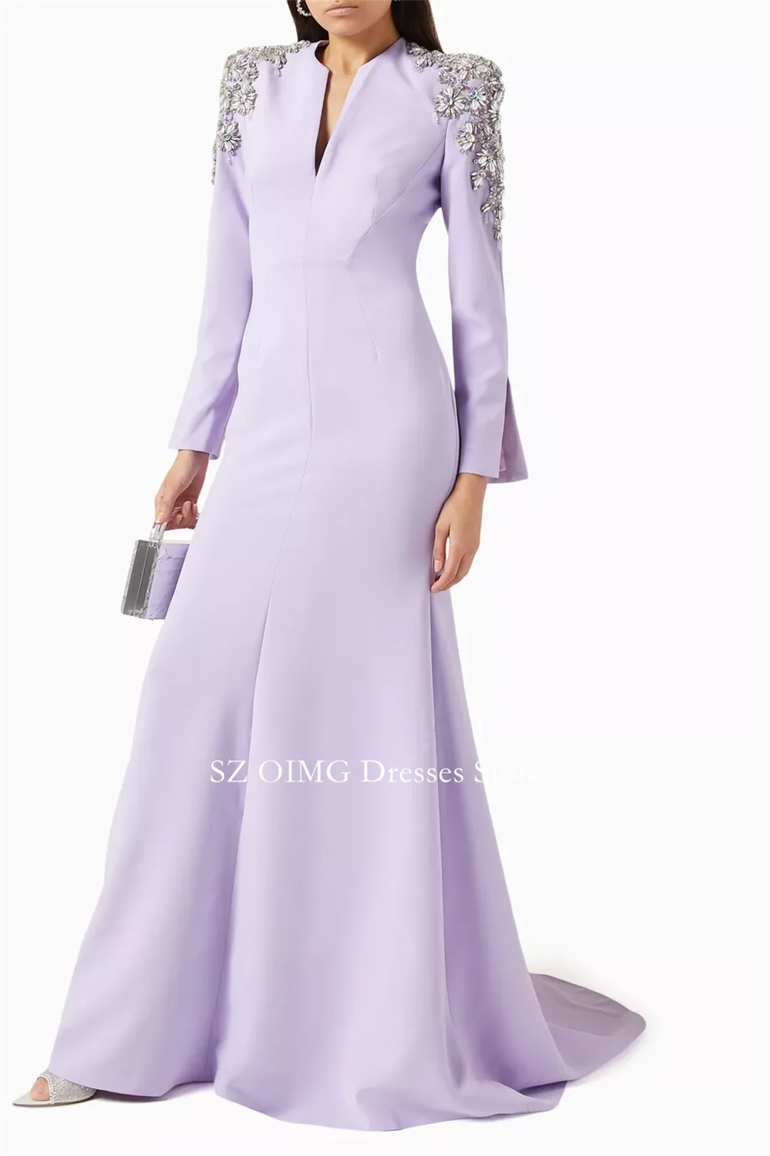 OIMG Dubai Mordern Light Purple Prom Dresses Crystals Evening Dress Customized Women Evening Gowns Formal Slit Party Dress