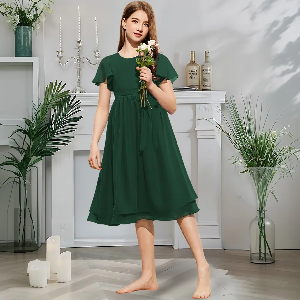 Платье трапециевидной формы для юных подружек невесты, платье с цветочным узором для девочек, шифоновое платье длиной до колена с поясом и бантом для выпускной церемонии