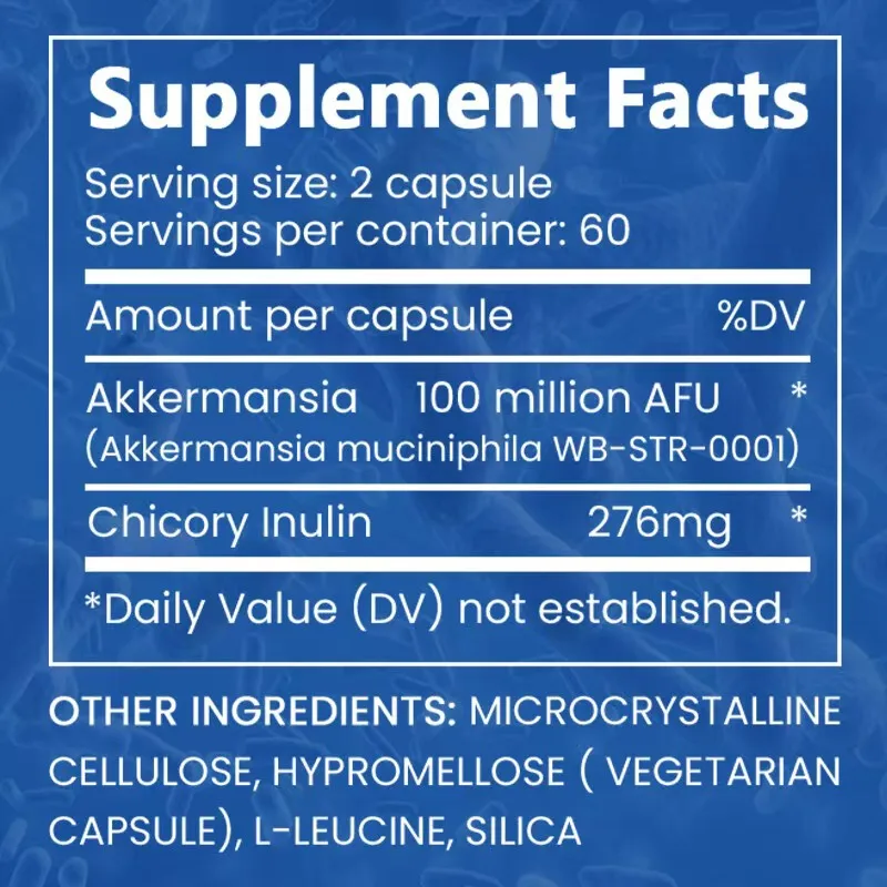 New formula: Active probiotic capsules containing 100 million AFU of Akkermansia muciniphila strain, supporting intestinal health