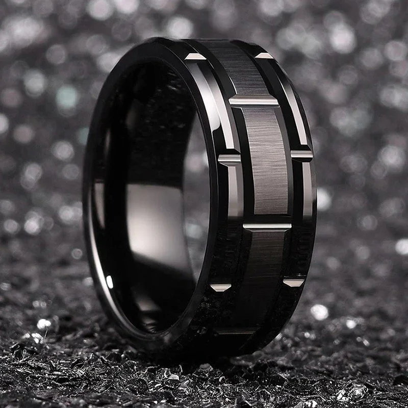 Moda Mężczyźni 8MM Pierścionek ze stali nierdzewnej Czarny kolor Szczotkowany wzór podwójnego rowka Męska obrączka Biżuteria imprezowa dla kobiet Prezent — zdjęcie 2