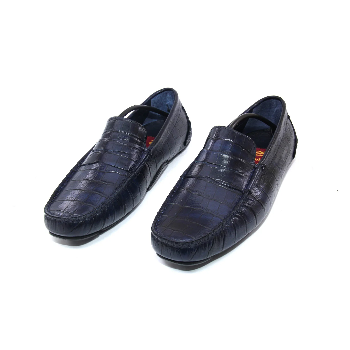 

Handmade Dark Blue Flexible Loafers with Croco Alligator Skin Patterned Calf Leather, Men's Casual Fashion Footwear 2021