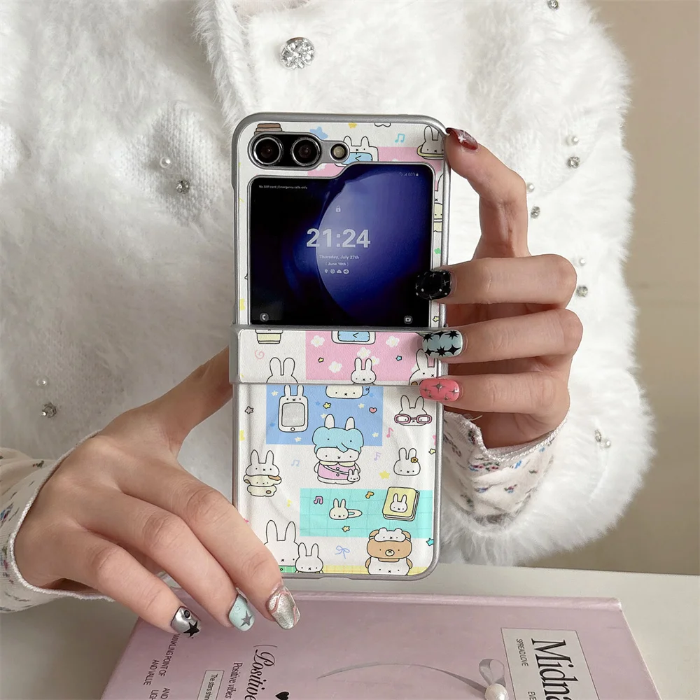 Kawaii Cute Cartoon Miffy Bunny Sticker Print Shockproof Foldable Phone Case For Samsung Z Flip4 Flip5 Flip6 Flip7