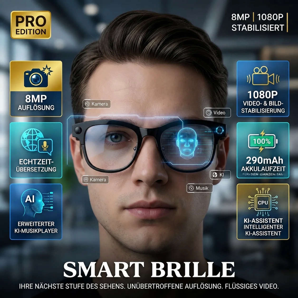 GUHUAVMI Neue KI-Smart-Brille mit 8MP HD Foto- und Videoaufnahme, WLAN-Übertragung, Audioaufnahme, KI-Übersetzung, Sprachaktivierung, Objekterkennung, Bluetooth-Anrufe, Dual-Mikrofon,
