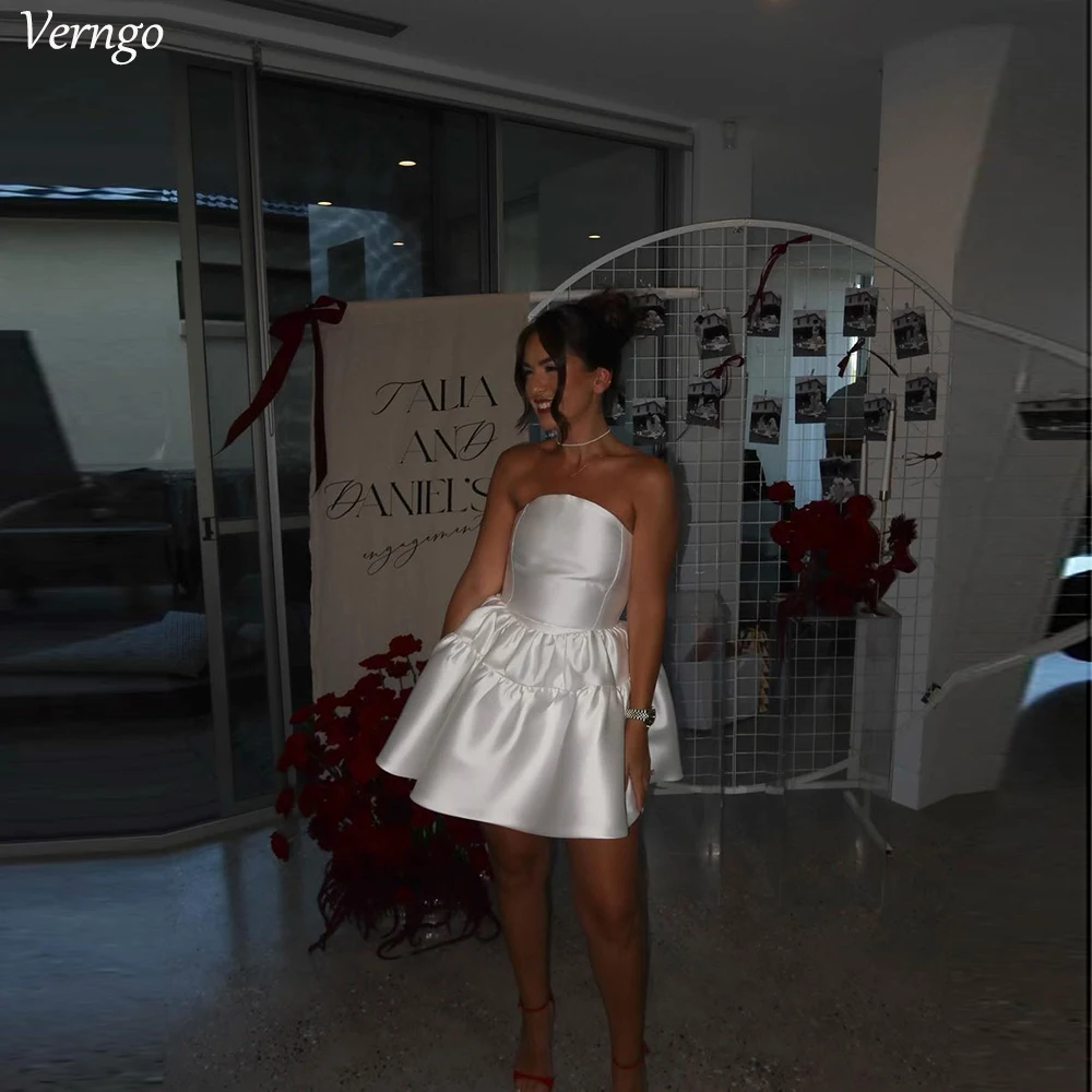 Verngo Short Simple Wedding Dresses Sleeveless Satin Strapless Bridals Gown Mini Women A-line Beach Bride Dress Robes De Soirée