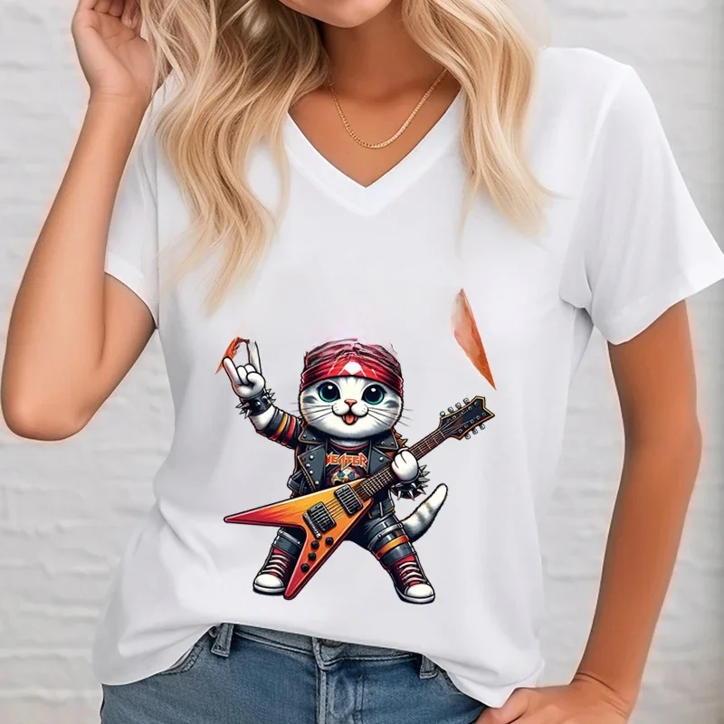 Miłośnik muzyki rockowej Koszulki z krótkim rękawem Kobieta Kot grający na gitarze Modne Casualowe Topy Koty Muzyka rockowo-rolkowa Prezent Kobieta T-shirt — zdjęcie 2