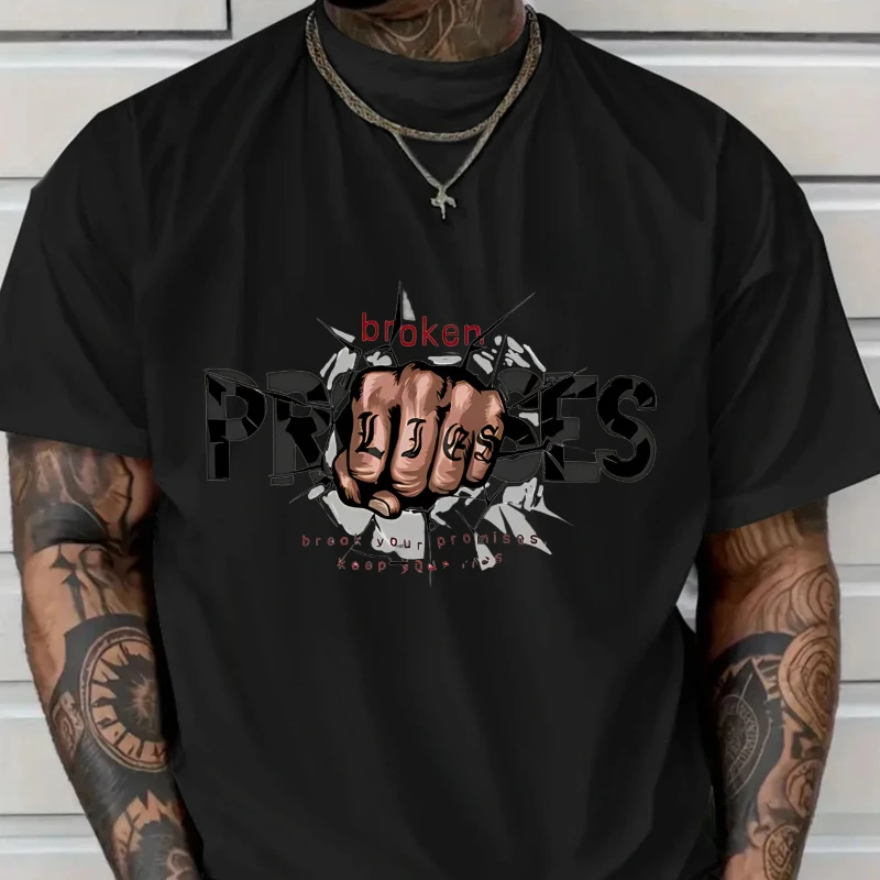 

2025 Men'S New Casual Pure Cotton T-shirt Broken Promises Graphic Design with Bold Fist Print Comfortable and Stylish