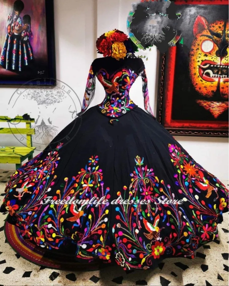 Charro Two Pieces Quinceanera Dresses Embroidery Long Sleeves vestidos de 15 años Sweet 16 Birthday Gowns Custom Made Mexican XV