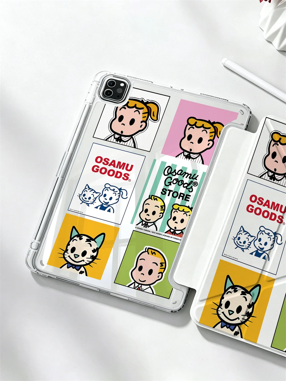 Kawaii Osamu Goods Cartoon Print Y-fold Case For iPad Air6/7/8 Pro11 2020-2022 Air4/5 10 7/8/9 Air3 A16 Pen Slot Shockproof Cove