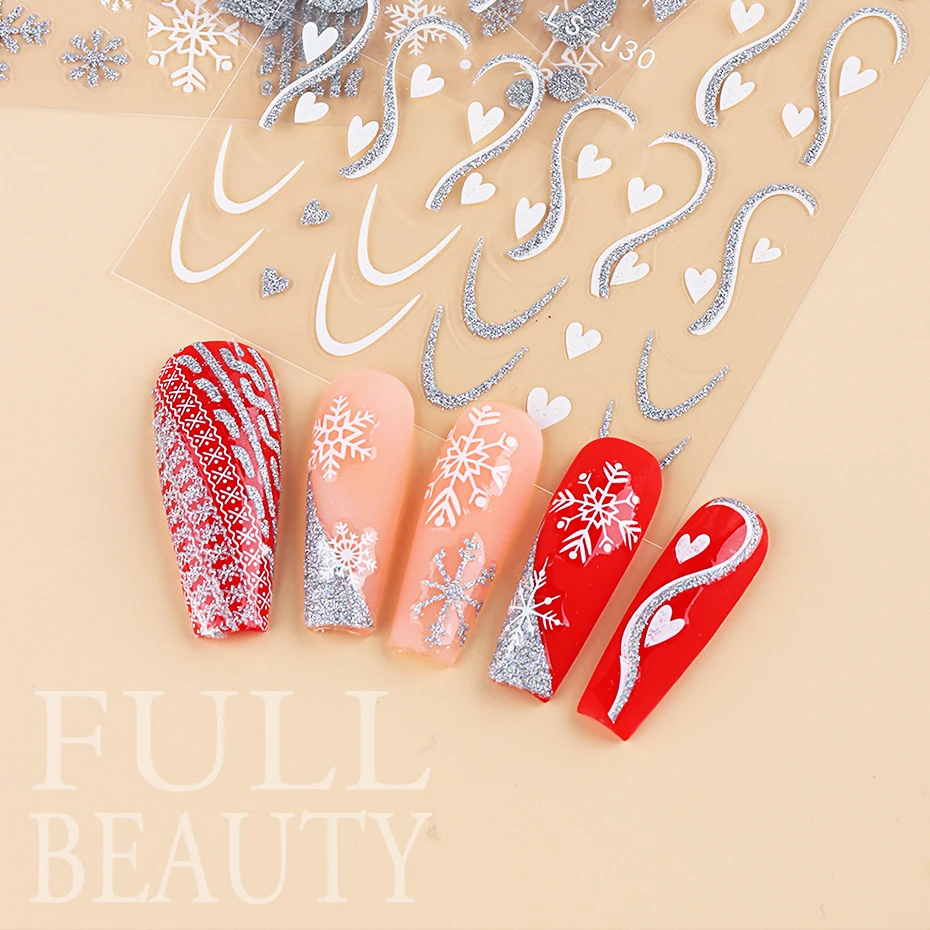 Silver Reflective Glitter Nail Sticker Christmas Snowflakes Love French Design 3D Slider For Nail Winter Decor New Year LELS-J35