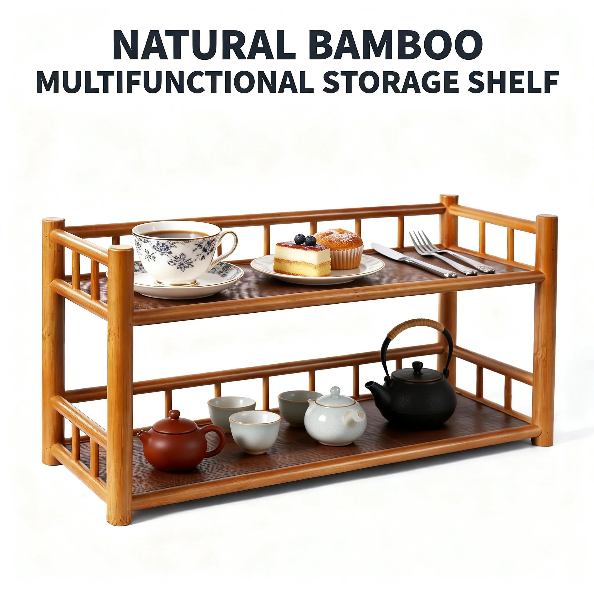 

Double-layer bamboo teacup/mug storage rack, coffee bar storage shelf, space-saving kitchen tea set rack.