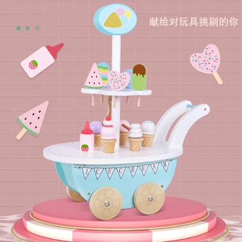 어린이용 나무 아이스크림 카트 장난감, 유아 놀이 음식 트럭, 12 개 액세서리, 여아 및 남아용 선물, 3 세 이상 