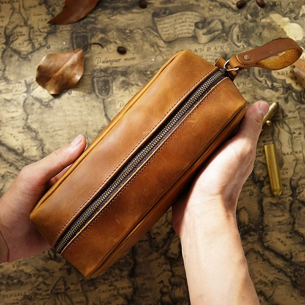 Piórnik o dużej pojemności prawdziwej skóry etui na długopis zamek błyskawiczny skóra bydlęca tornister uczeń Retro torba do przechowywania artykułów piśmienniczych pudełko na długopis — zdjęcie produktu 7