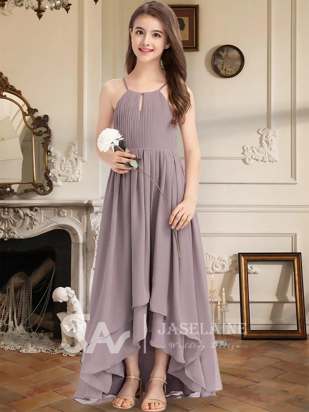 Um vestido de dama de honra júnior chiffon halter assimétrico vestido da menina de flor uma linha arco festa de casamento vestido de comunhão meninas formal