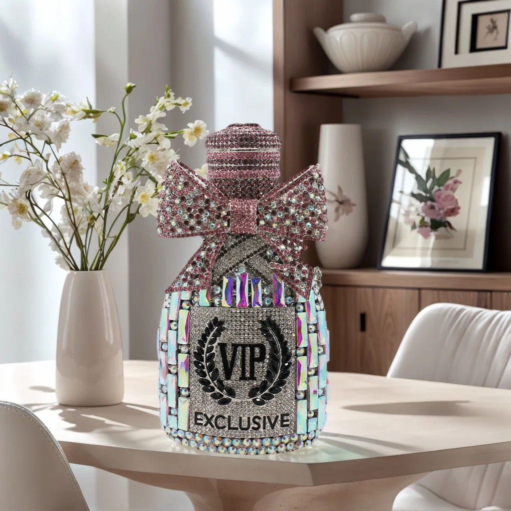 Chic Women Bowknot Rhinestone Evening Bag Unique Champagne Bottle Clutch Purse Glitter Diamond Handbag for Banquet Party