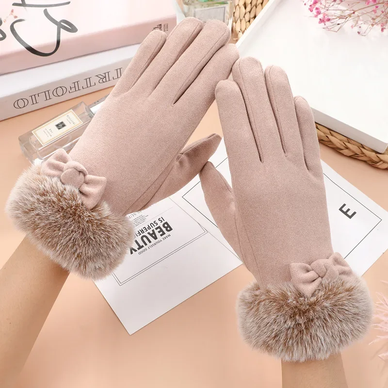 AliExpress DANJIU Women Winter Keep Warm Touch Screen Plus Cashmere Thicken Gloves Cycling Drive Elegant Bow Plush