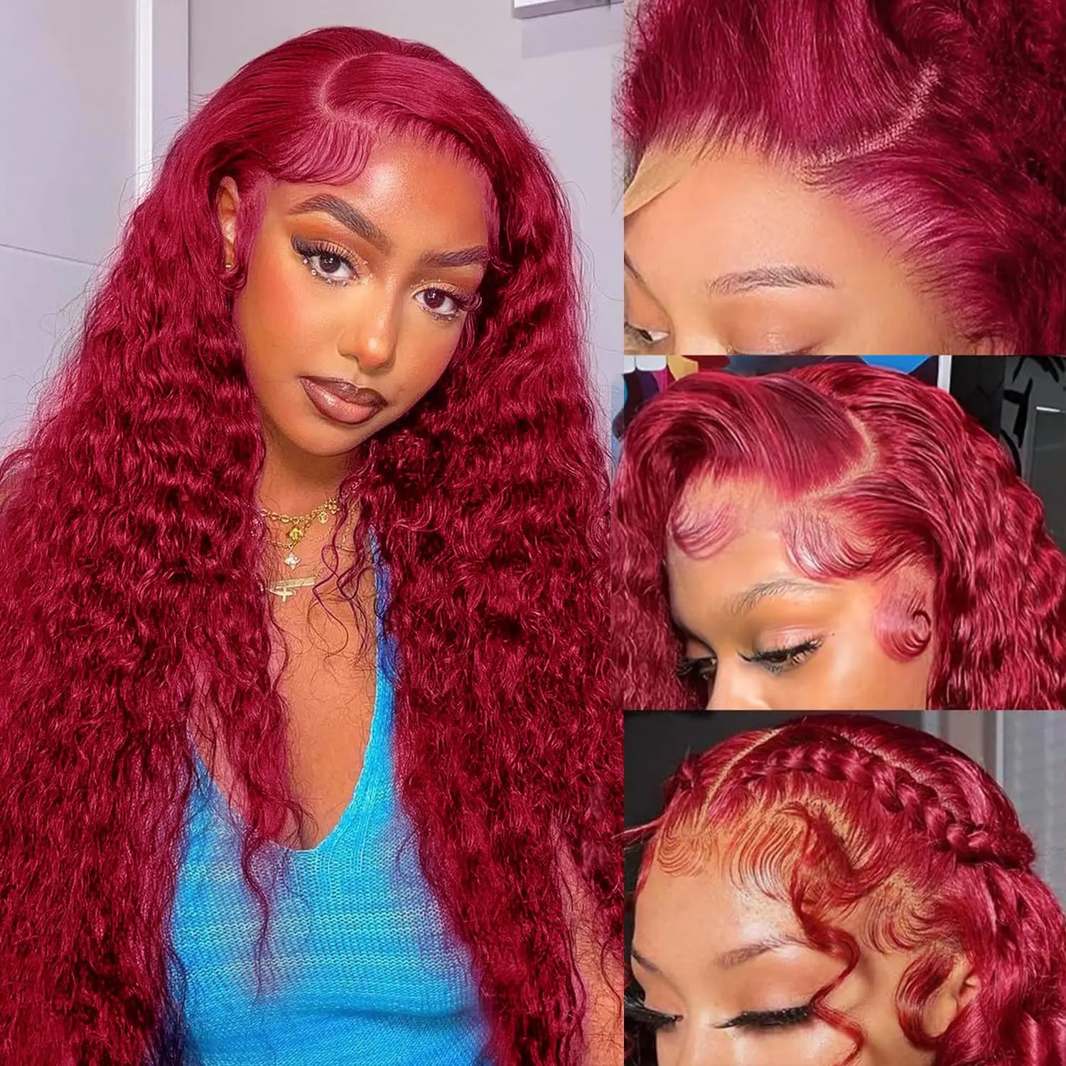 Wig Rambut Asli 13x4 Deep Curly HD Lace Frontal Wig Transparan 99J Burgundy Curly Lace Front Wig Berwarna Merah Deep Wave 34 Inch