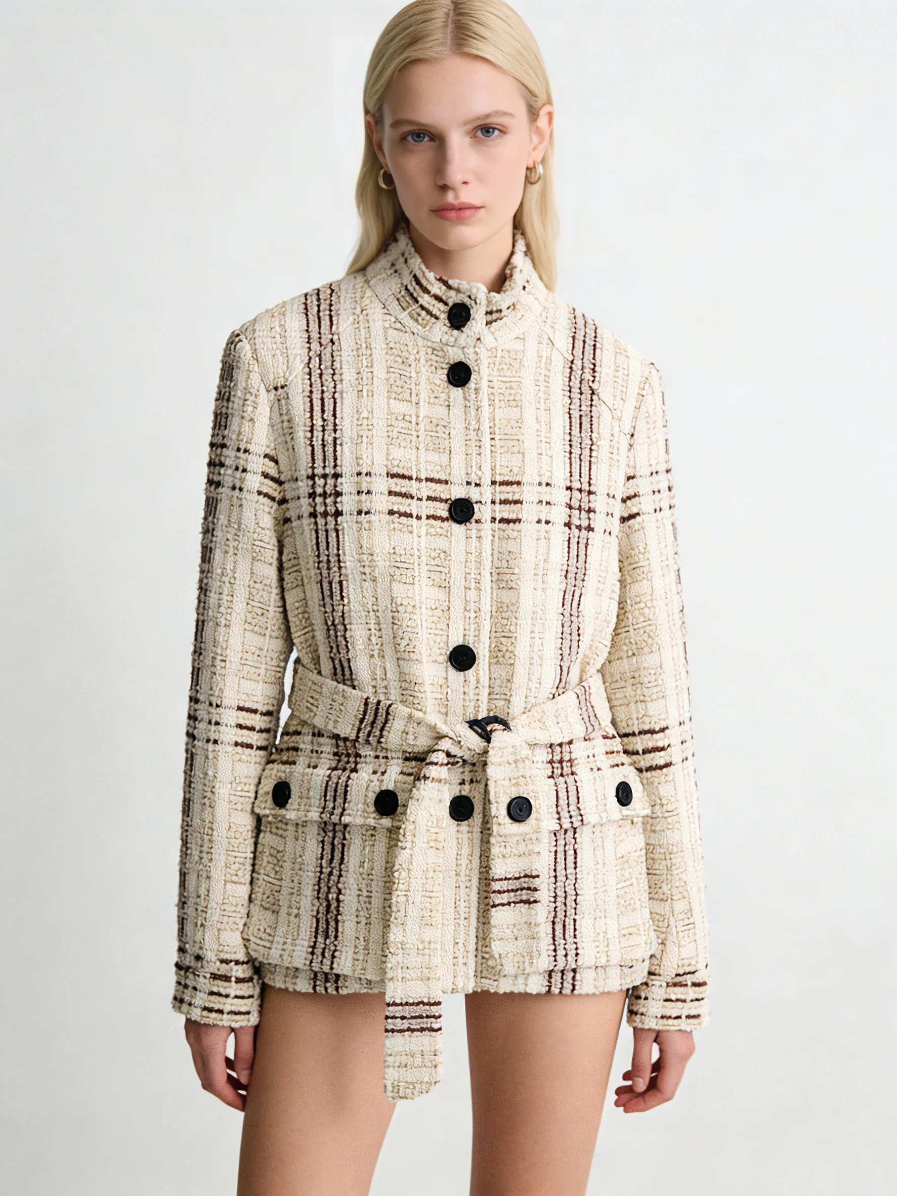 

Шерстяное шелковое кашемировое элегантное женское клетчатое твидовое пальто с воротником-стойкой и поясом, короткая верхняя одежда, повседневная повседневная одежда