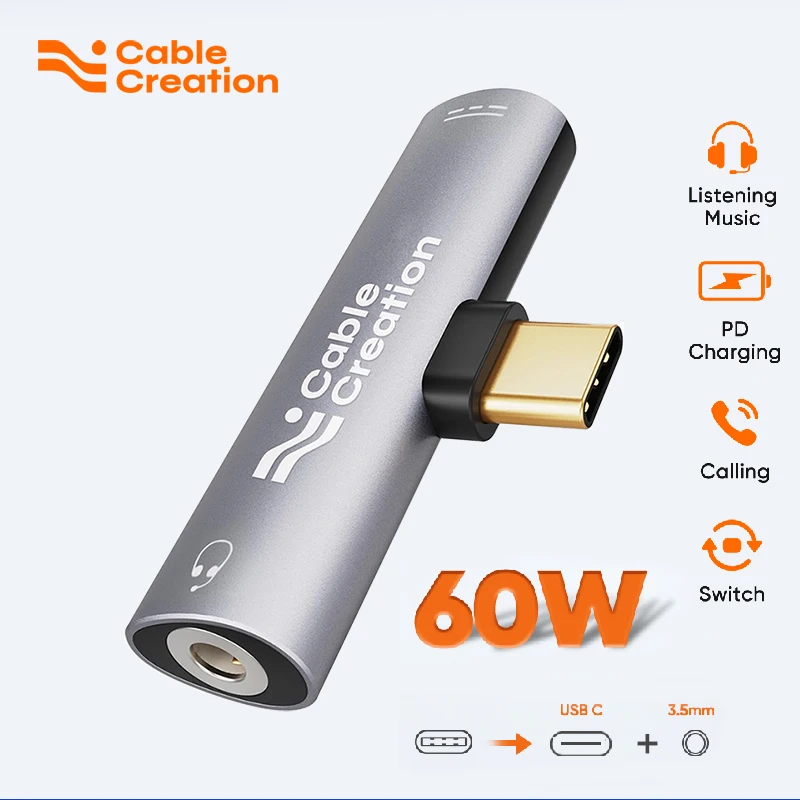 CableCreation USB C to 3.5mm Headphone and Charger Adapter, 2 in 1 Type-C to 3.5mm Audio Hi-Res with PD Fast Charge