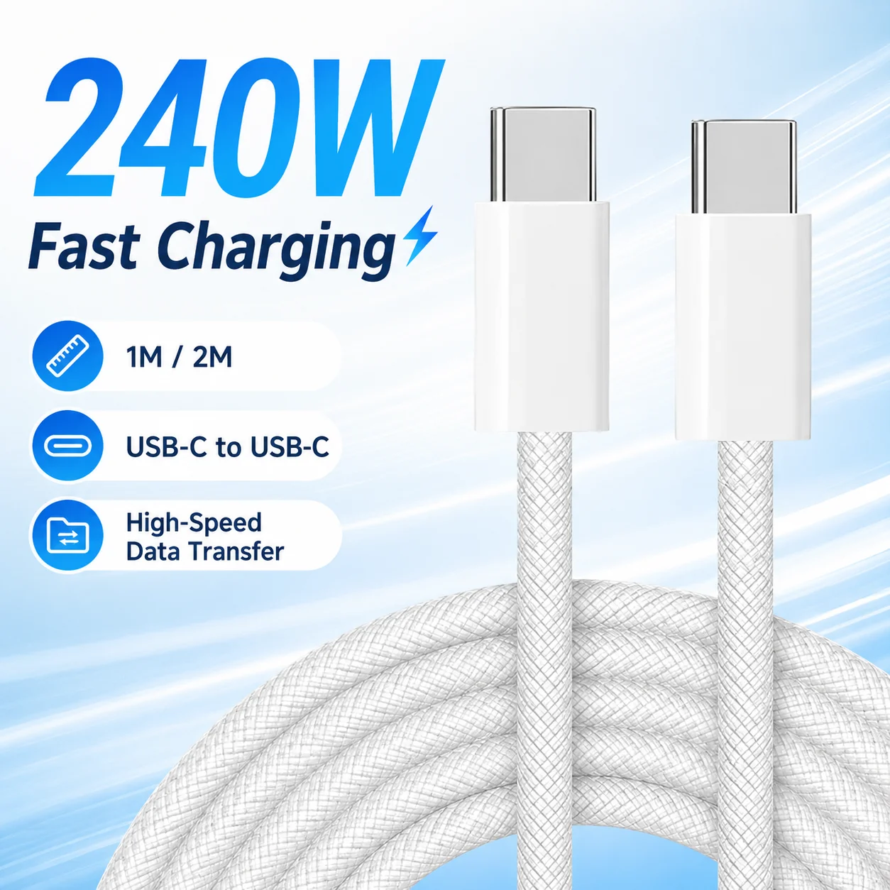 240W USB-C zu USB-C Kabel PD 3.1 Schnellladung Hochgeschwindigkeits-Datenübertragung Nylon-Umflochtenes Typ-C-Kabel für iPhone Samsung iPad